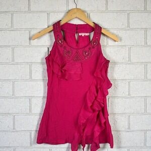 Hot Pink Beaded‎ Ruffle Halter Top Womens Size Small Coquette Feminine Ethereal